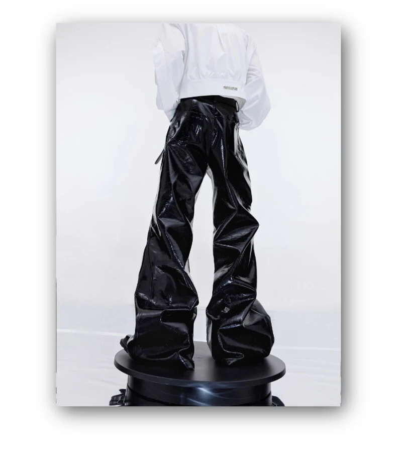 Mauroicardi Spring Autumn Cool Black Shiny Reflective Pu Leather Flare Pants for Men High Quality Trousers Mens Designer Clothes