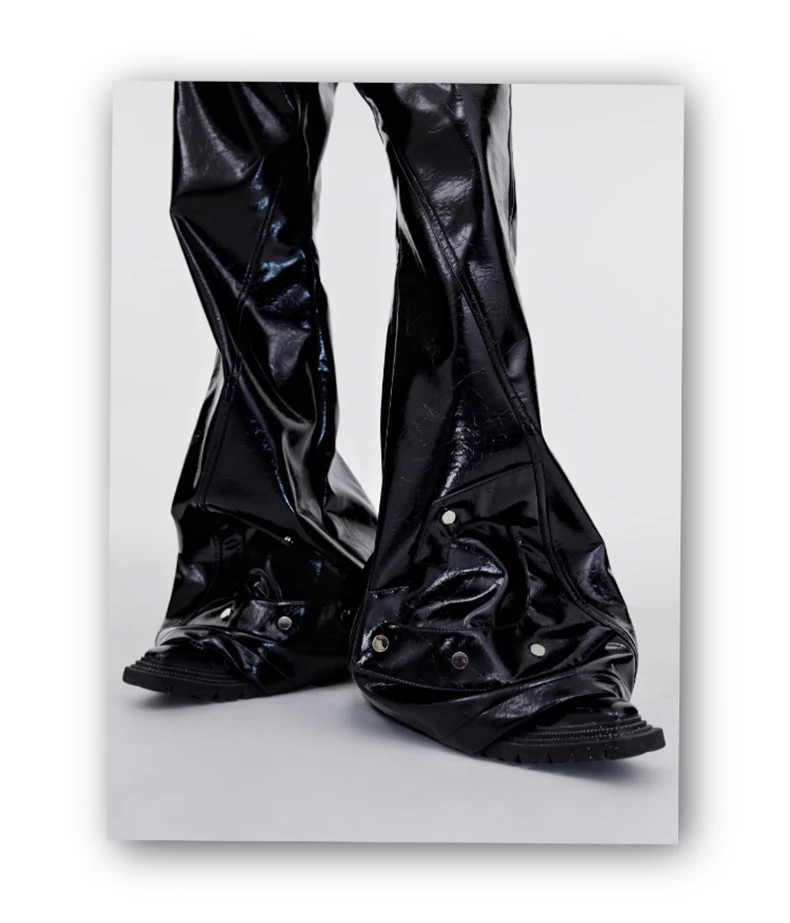 Mauroicardi Spring Autumn Cool Black Shiny Reflective Pu Leather Flare Pants for Men High Quality Trousers Mens Designer Clothes