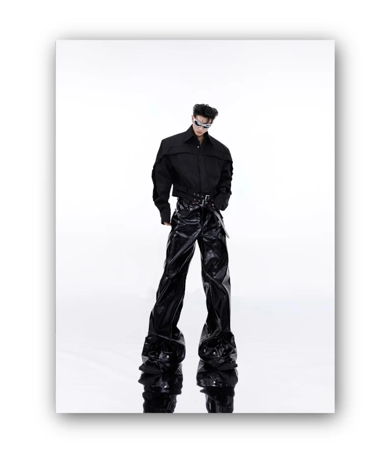 Mauroicardi Spring Autumn Cool Black Shiny Reflective Pu Leather Flare Pants for Men High Quality Trousers Mens Designer Clothes