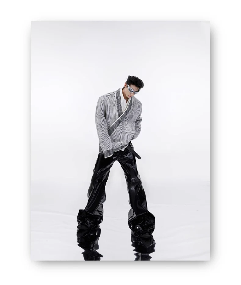 Mauroicardi Spring Autumn Cool Black Shiny Reflective Pu Leather Flare Pants for Men High Quality Trousers Mens Designer Clothes