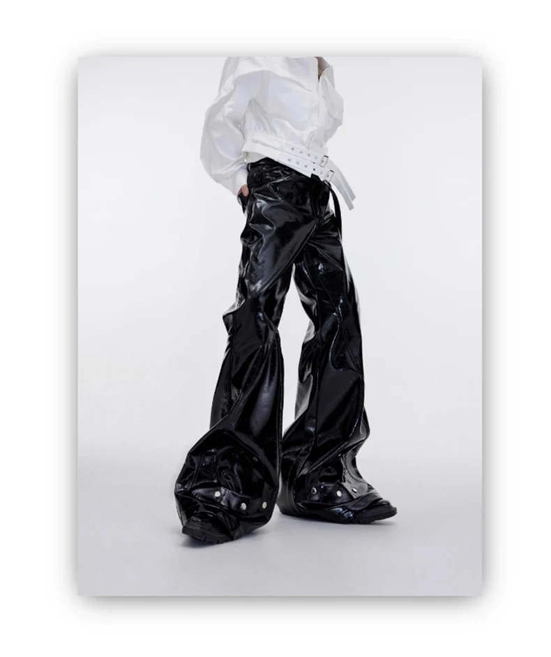 Mauroicardi Spring Autumn Cool Black Shiny Reflective Pu Leather Flare Pants for Men High Quality Trousers Mens Designer Clothes