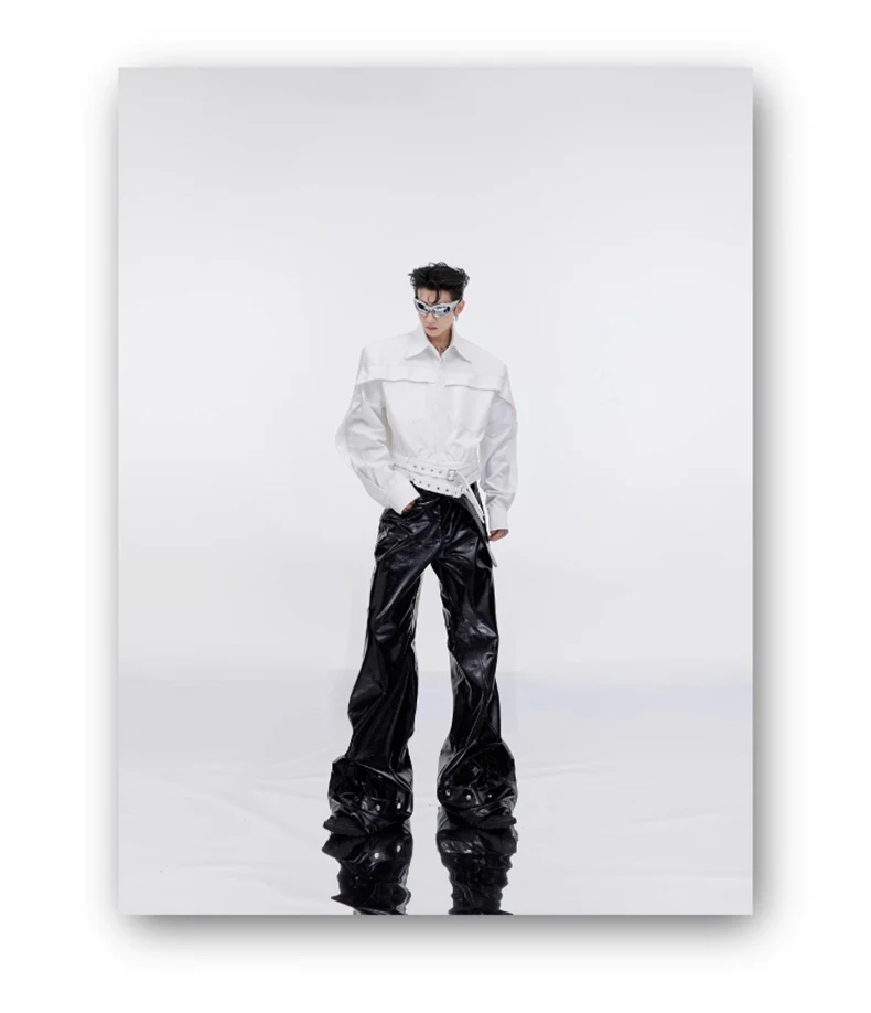 Mauroicardi Spring Autumn Cool Black Shiny Reflective Pu Leather Flare Pants for Men High Quality Trousers Mens Designer Clothes