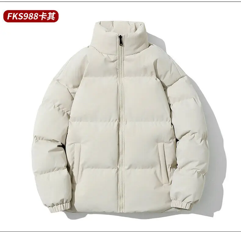 Unisex Stand Collar Puffer Jacket Solid Color Casual Warm Short Winter Coat For Men Women