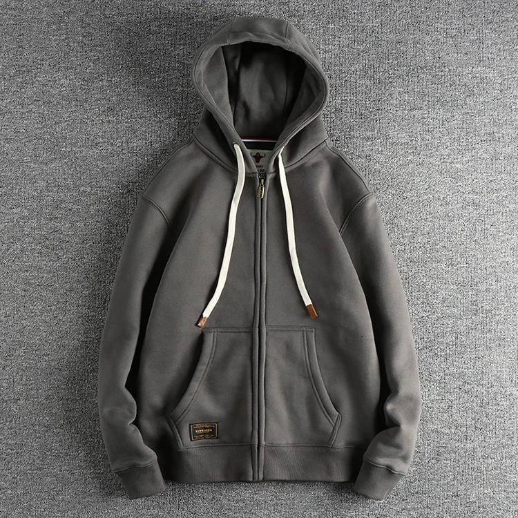 Autumn Winter American Retro Heavyweight Long Sleeved Hooded Hoodies Men's Simple Thickened Velvet Casual Cardigan Sweatshirts