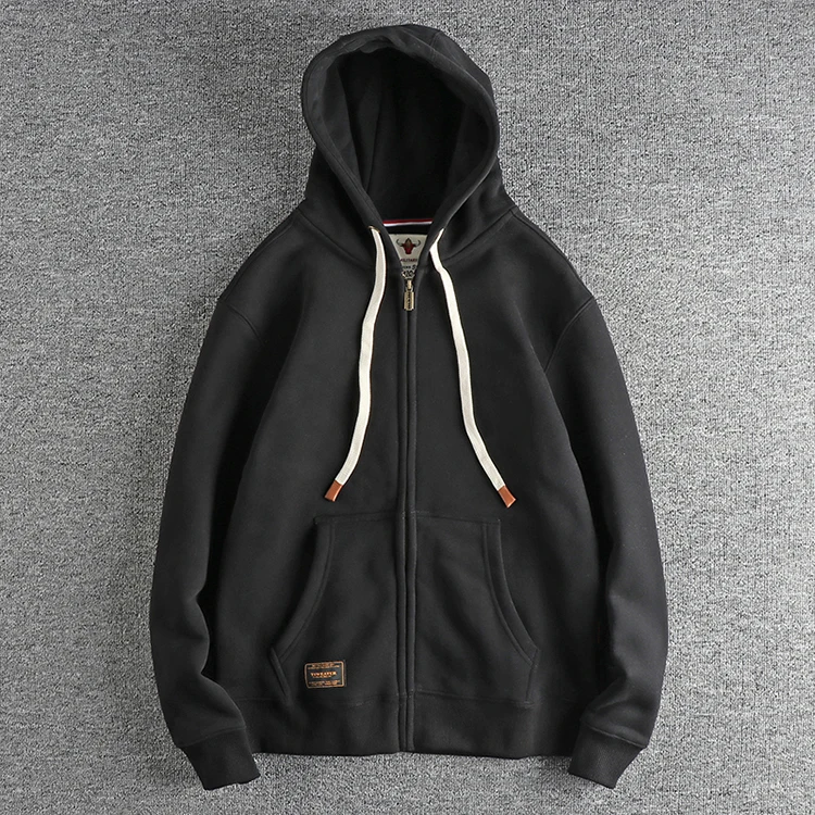 Autumn Winter American Retro Heavyweight Long Sleeved Hooded Hoodies Men's Simple Thickened Velvet Casual Cardigan Sweatshirts