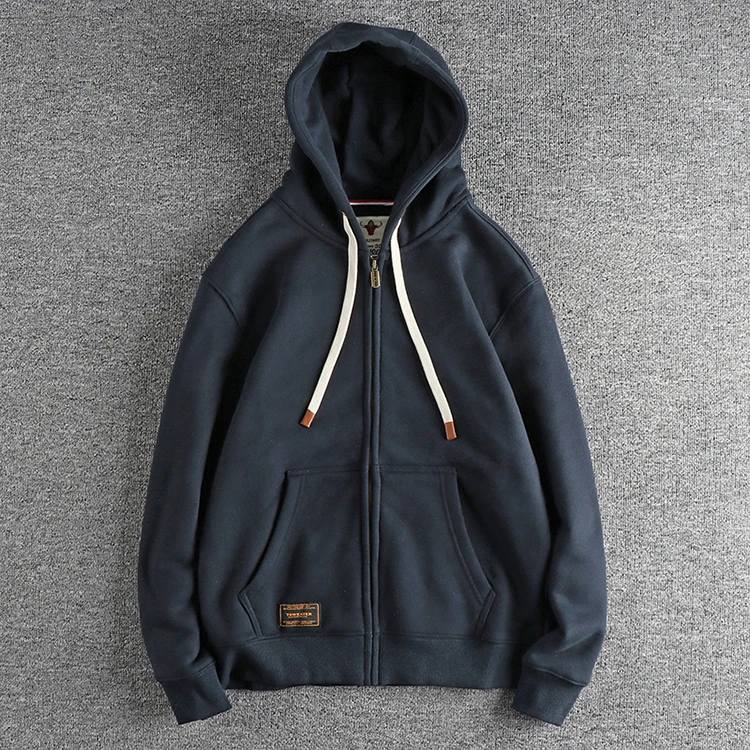 Autumn Winter American Retro Heavyweight Long Sleeved Hooded Hoodies Men's Simple Thickened Velvet Casual Cardigan Sweatshirts