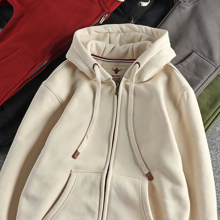 Autumn Winter American Retro Heavyweight Long Sleeved Hooded Hoodies Men's Simple Thickened Velvet Casual Cardigan Sweatshirts