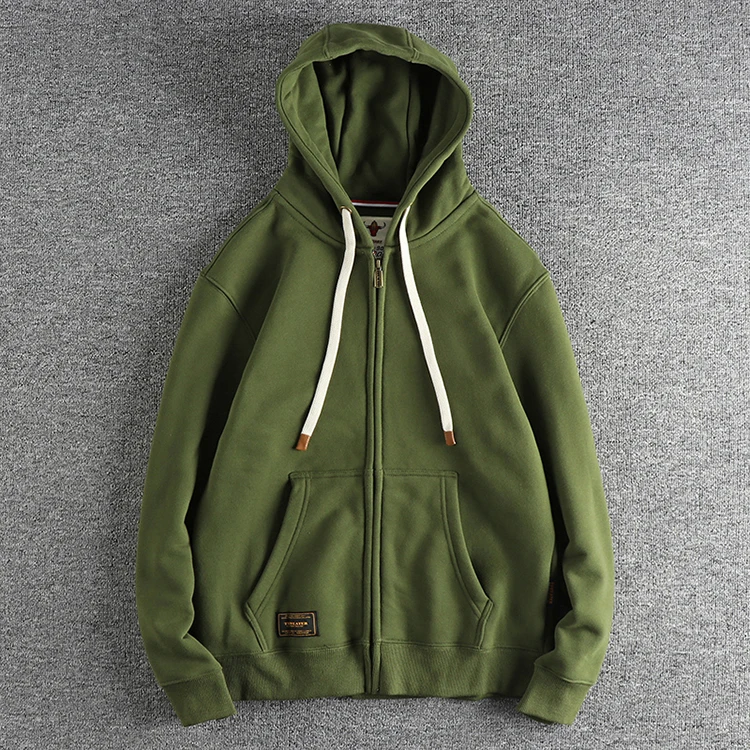 Autumn Winter American Retro Heavyweight Long Sleeved Hooded Hoodies Men's Simple Thickened Velvet Casual Cardigan Sweatshirts