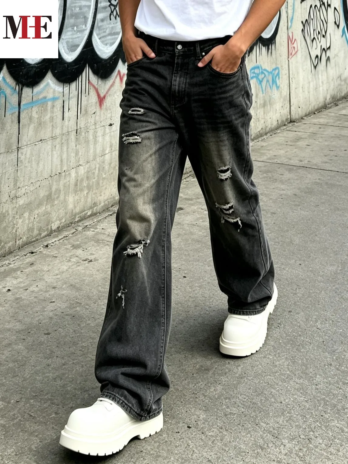 【HME】Men's Jeans | Black‑Grey Vintage Washed Denim Pants, Men Flare Wide‑Leg Denim Jeans With Partial Ripped Frayed Holes, Elastic Back Waist Relaxed Fit Denim Trousers, Distressed Denim Bottoms For Men Dark Street Daily Styling