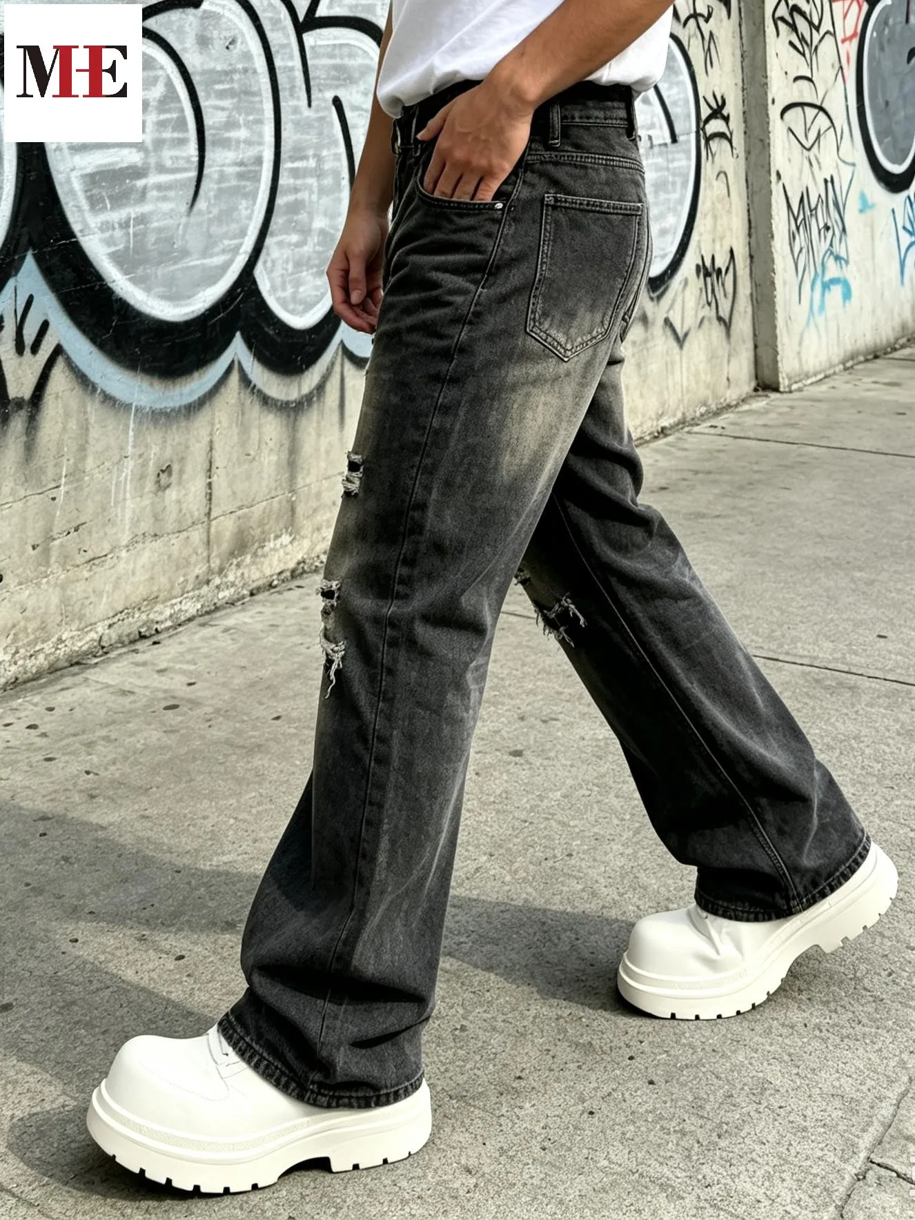 【HME】Men's Jeans | Black‑Grey Vintage Washed Denim Pants, Men Flare Wide‑Leg Denim Jeans With Partial Ripped Frayed Holes, Elastic Back Waist Relaxed Fit Denim Trousers, Distressed Denim Bottoms For Men Dark Street Daily Styling