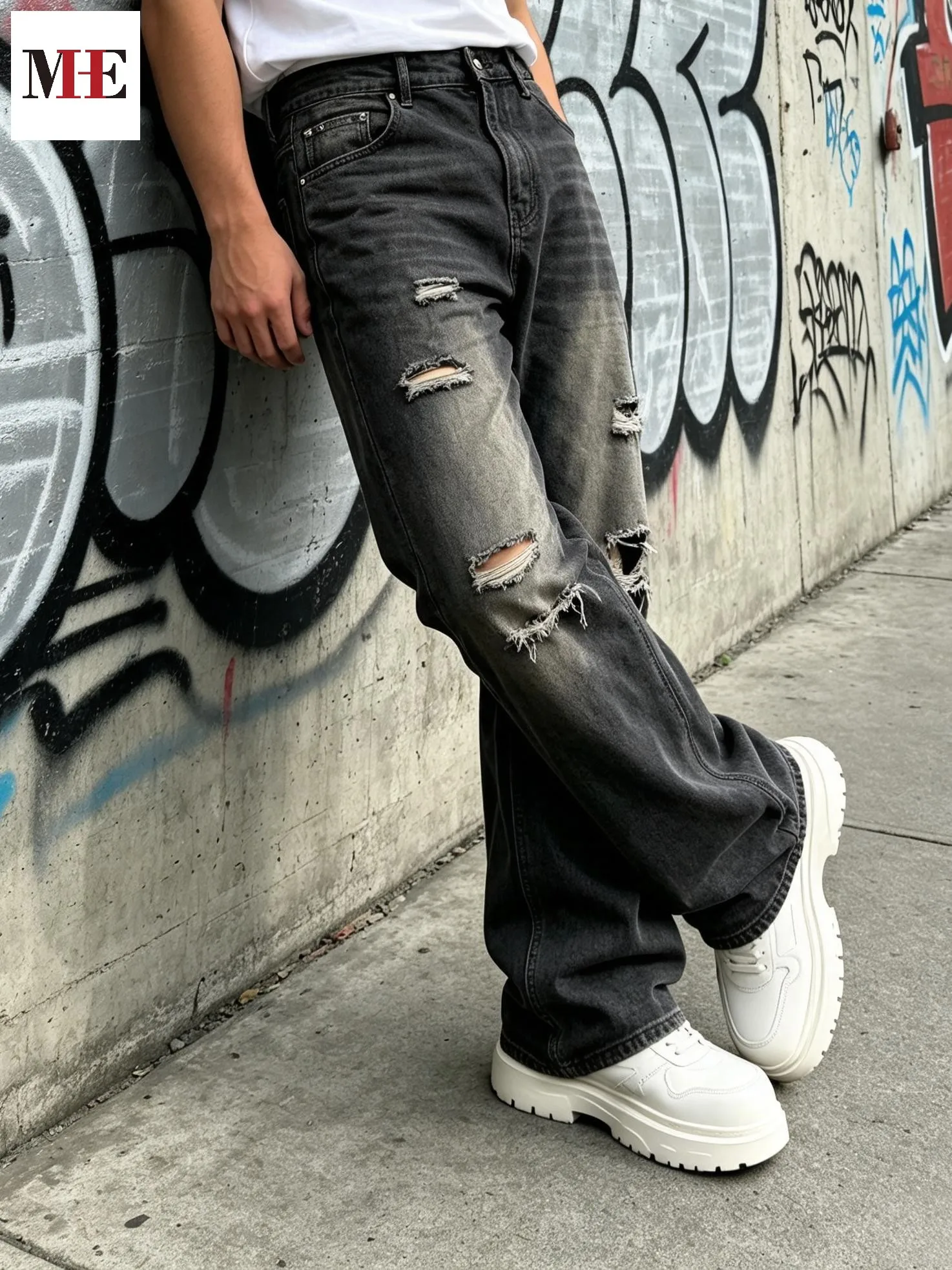 【HME】Men's Jeans | Black‑Grey Vintage Washed Denim Pants, Men Flare Wide‑Leg Denim Jeans With Partial Ripped Frayed Holes, Elastic Back Waist Relaxed Fit Denim Trousers, Distressed Denim Bottoms For Men Dark Street Daily Styling