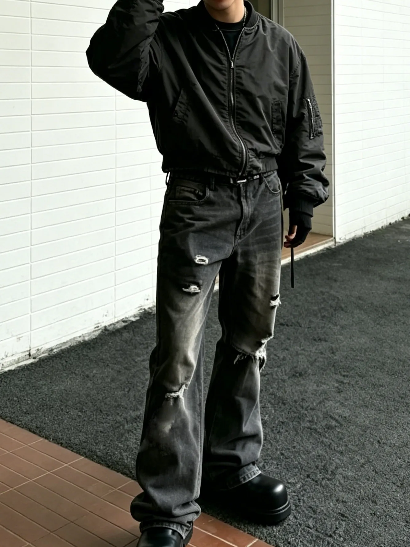 【HME】Men's Jeans | Black‑Grey Vintage Washed Denim Pants, Men Flare Wide‑Leg Denim Jeans With Partial Ripped Frayed Holes, Elastic Back Waist Relaxed Fit Denim Trousers, Distressed Denim Bottoms For Men Dark Street Daily Styling