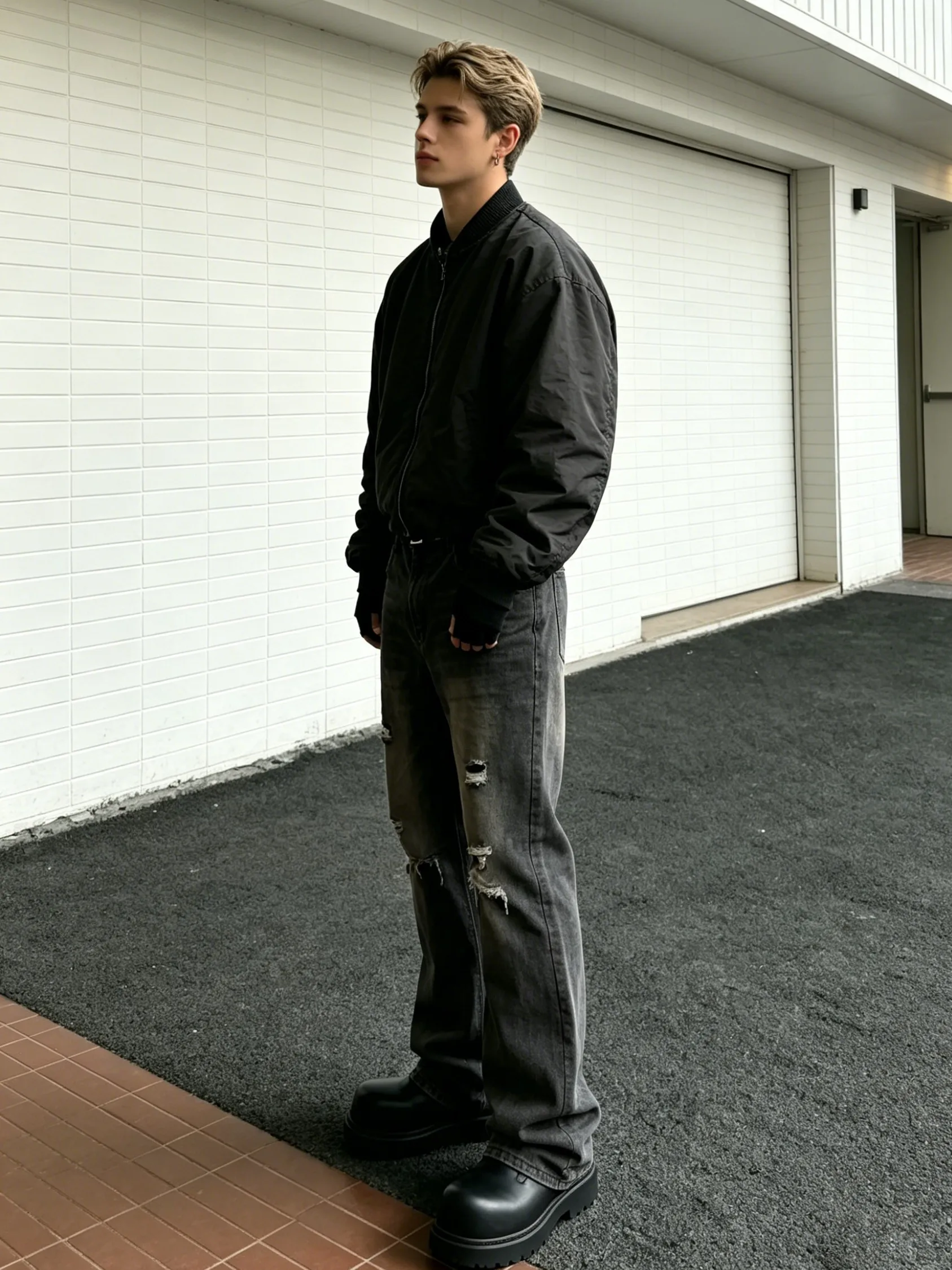 【HME】Men's Jeans | Black‑Grey Vintage Washed Denim Pants, Men Flare Wide‑Leg Denim Jeans With Partial Ripped Frayed Holes, Elastic Back Waist Relaxed Fit Denim Trousers, Distressed Denim Bottoms For Men Dark Street Daily Styling
