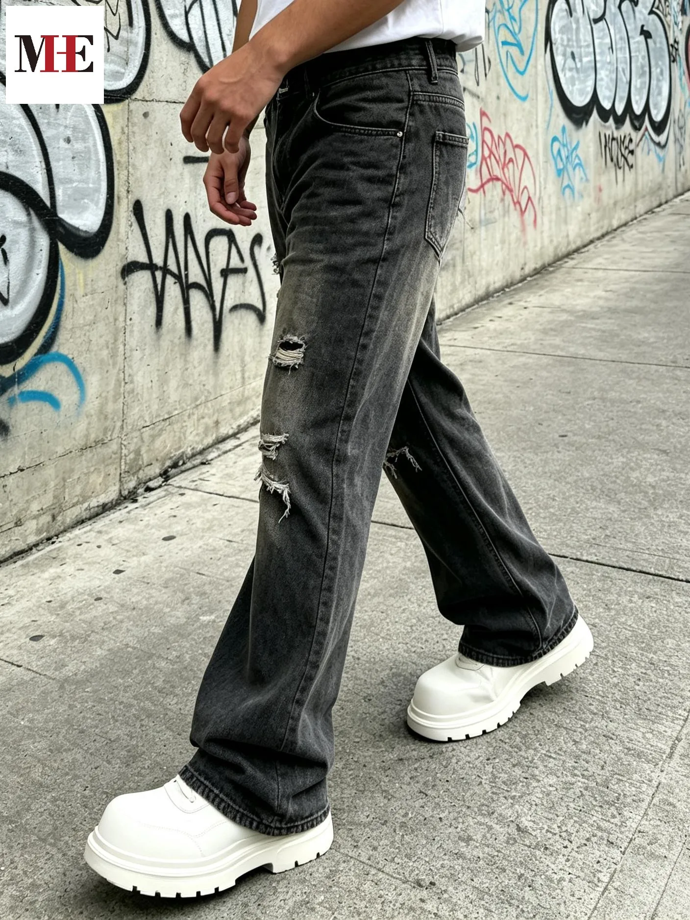 【HME】Men's Jeans | Black‑Grey Vintage Washed Denim Pants, Men Flare Wide‑Leg Denim Jeans With Partial Ripped Frayed Holes, Elastic Back Waist Relaxed Fit Denim Trousers, Distressed Denim Bottoms For Men Dark Street Daily Styling