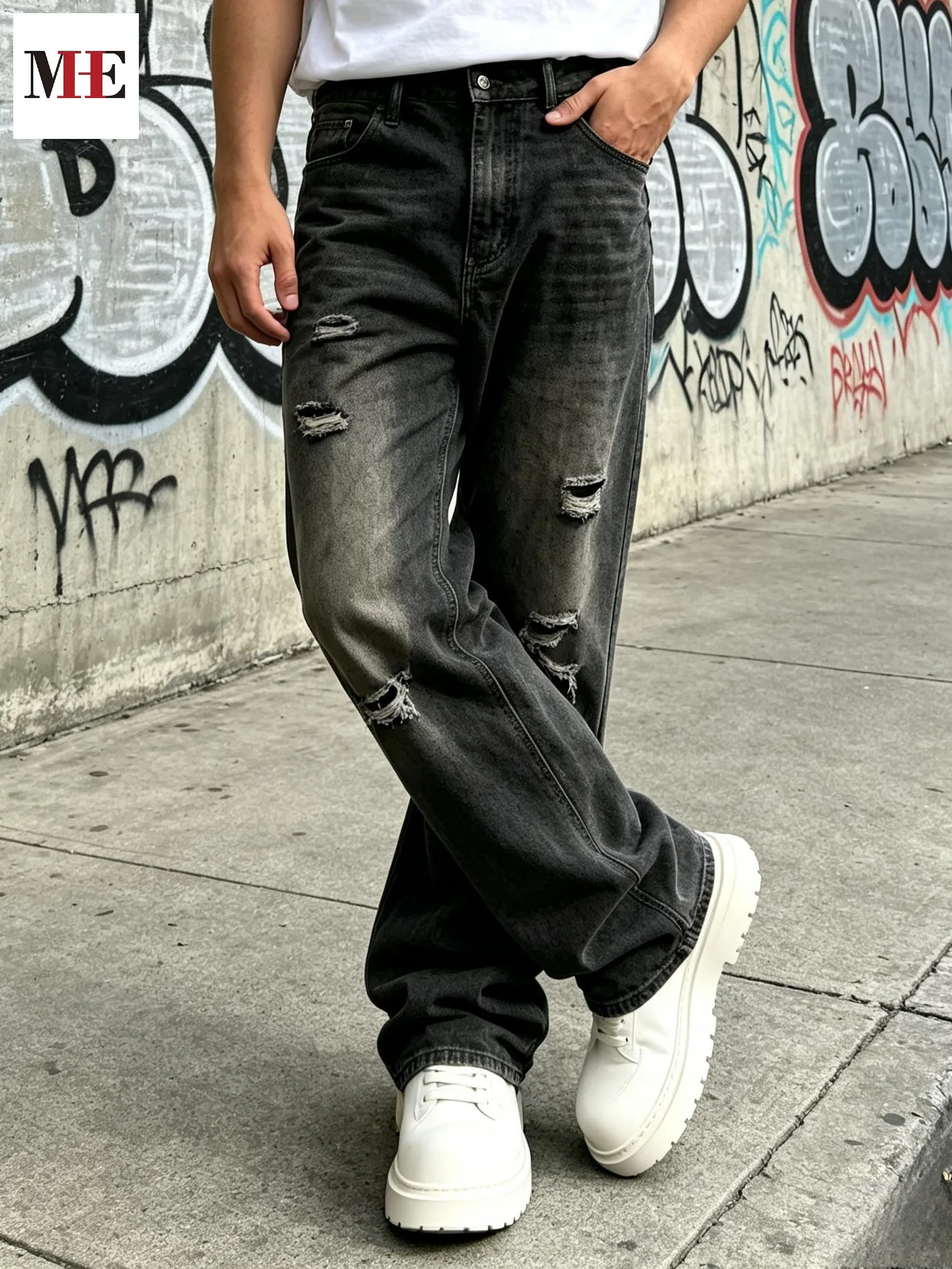 【HME】Men's Jeans | Black‑Grey Vintage Washed Denim Pants, Men Flare Wide‑Leg Denim Jeans With Partial Ripped Frayed Holes, Elastic Back Waist Relaxed Fit Denim Trousers, Distressed Denim Bottoms For Men Dark Street Daily Styling