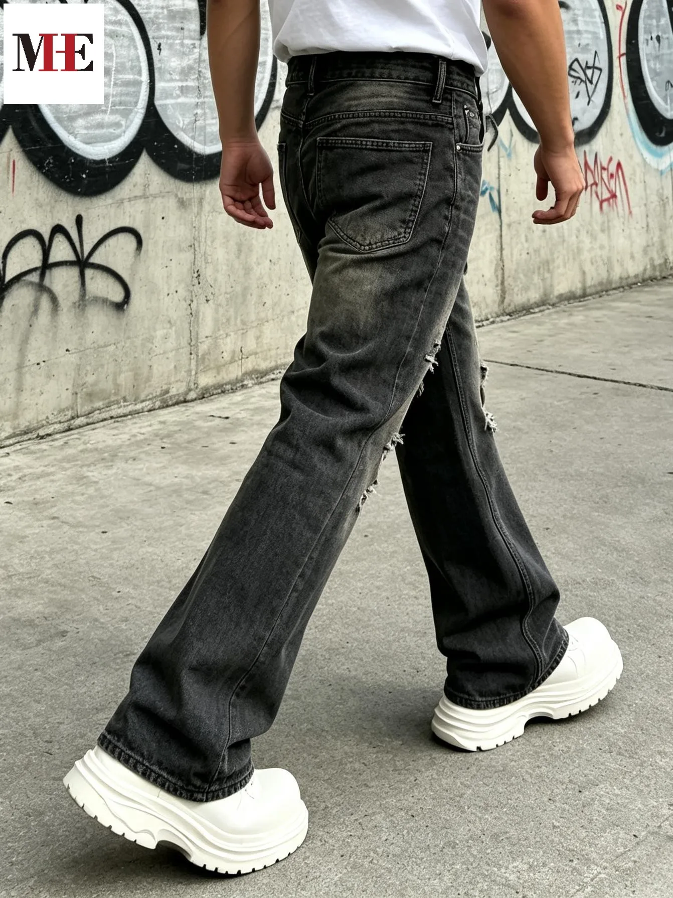【HME】Men's Jeans | Black‑Grey Vintage Washed Denim Pants, Men Flare Wide‑Leg Denim Jeans With Partial Ripped Frayed Holes, Elastic Back Waist Relaxed Fit Denim Trousers, Distressed Denim Bottoms For Men Dark Street Daily Styling