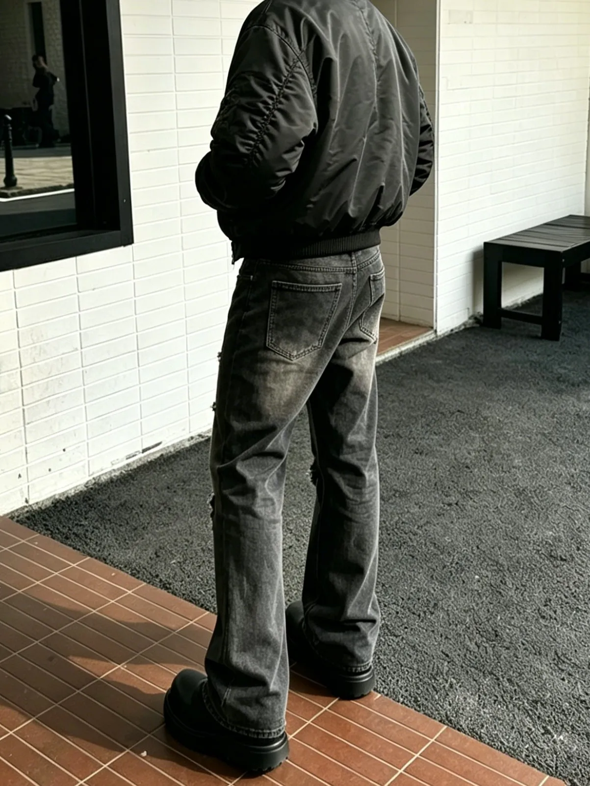 【HME】Men's Jeans | Black‑Grey Vintage Washed Denim Pants, Men Flare Wide‑Leg Denim Jeans With Partial Ripped Frayed Holes, Elastic Back Waist Relaxed Fit Denim Trousers, Distressed Denim Bottoms For Men Dark Street Daily Styling