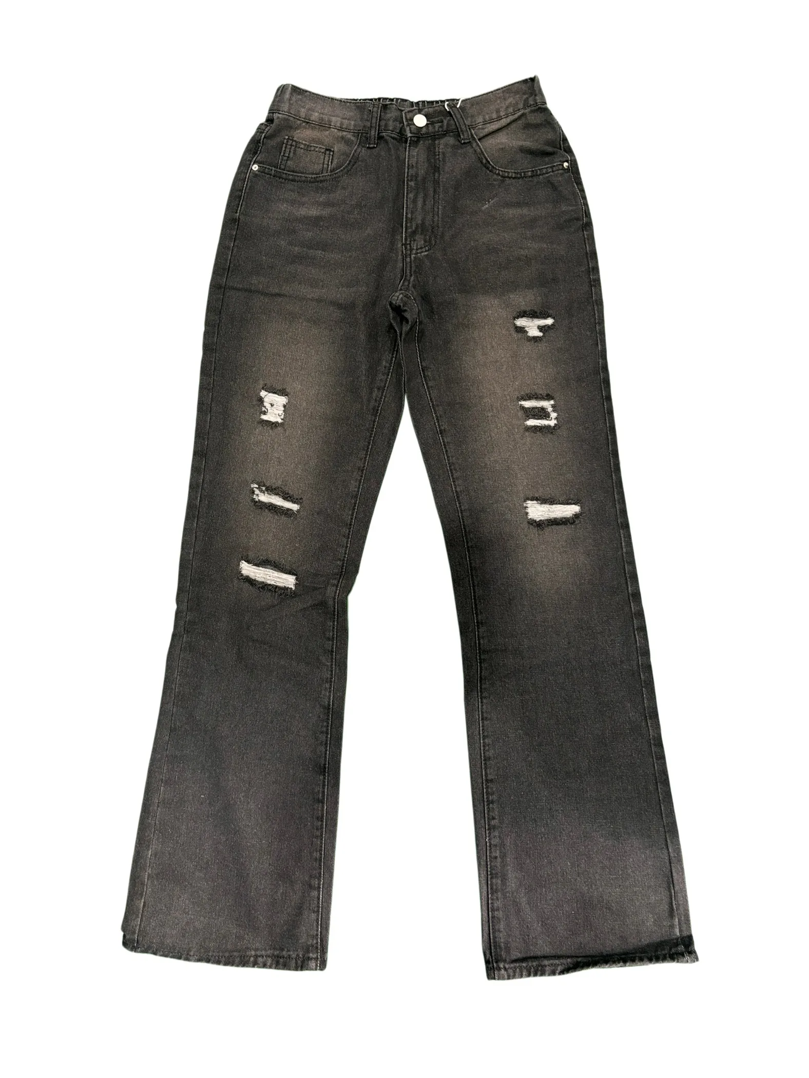 【HME】Men's Jeans | Black‑Grey Vintage Washed Denim Pants, Men Flare Wide‑Leg Denim Jeans With Partial Ripped Frayed Holes, Elastic Back Waist Relaxed Fit Denim Trousers, Distressed Denim Bottoms For Men Dark Street Daily Styling