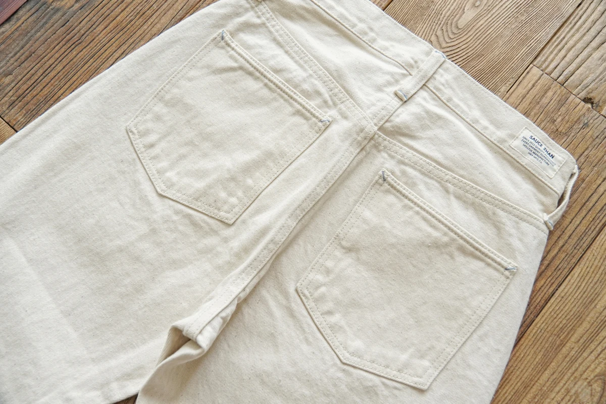 Sauce Zhan Mens Jeans White Selvedge Denim Jeans Regular Fit High Rise 14 Oz One Wash