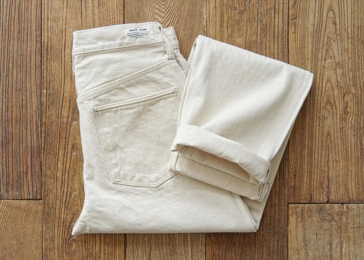 Sauce Zhan Mens Jeans White Selvedge Denim Jeans Regular Fit High Rise 14 Oz One Wash