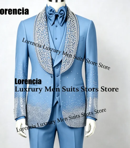Customized Diamond Beading Men suit Formal Sequin Gem For Prom Groom Male Evening Party Fashion Blazer 3 Pieces Set Tuxedos Slim