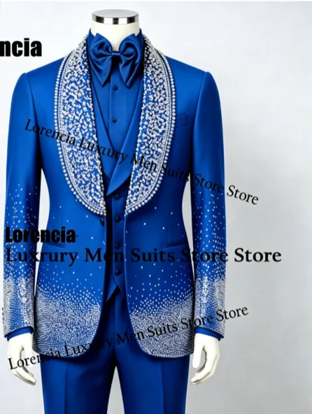 Customized Diamond Beading Men suit Formal Sequin Gem For Prom Groom Male Evening Party Fashion Blazer 3 Pieces Set Tuxedos Slim
