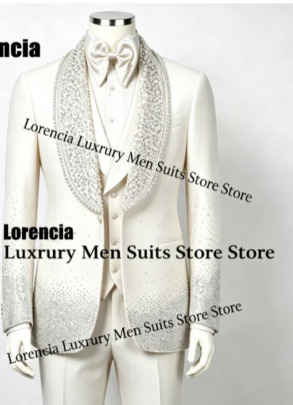 Customized Diamond Beading Men suit Formal Sequin Gem For Prom Groom Male Evening Party Fashion Blazer 3 Pieces Set Tuxedos Slim