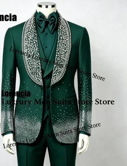 Customized Diamond Beading Men suit Formal Sequin Gem For Prom Groom Male Evening Party Fashion Blazer 3 Pieces Set Tuxedos Slim