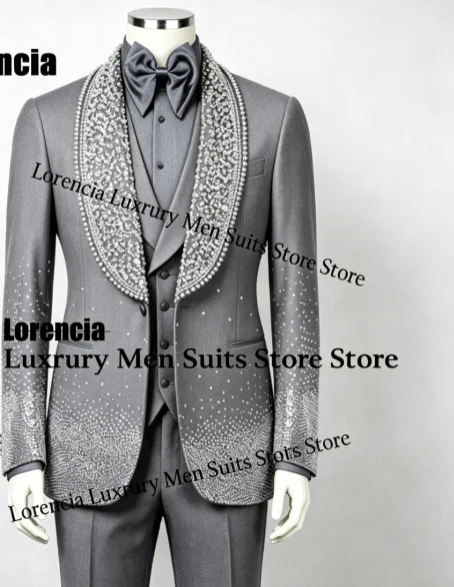 Customized Diamond Beading Men suit Formal Sequin Gem For Prom Groom Male Evening Party Fashion Blazer 3 Pieces Set Tuxedos Slim