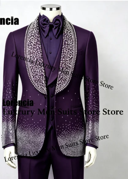 Customized Diamond Beading Men suit Formal Sequin Gem For Prom Groom Male Evening Party Fashion Blazer 3 Pieces Set Tuxedos Slim