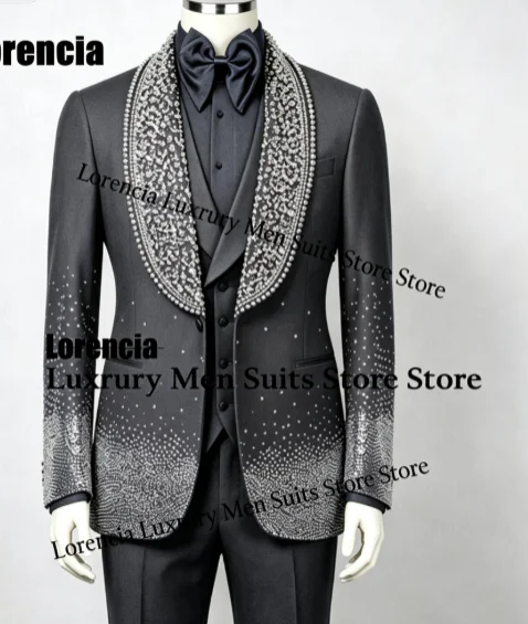 Customized Diamond Beading Men suit Formal Sequin Gem For Prom Groom Male Evening Party Fashion Blazer 3 Pieces Set Tuxedos Slim