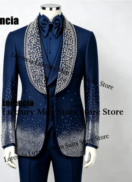 Customized Diamond Beading Men suit Formal Sequin Gem For Prom Groom Male Evening Party Fashion Blazer 3 Pieces Set Tuxedos Slim