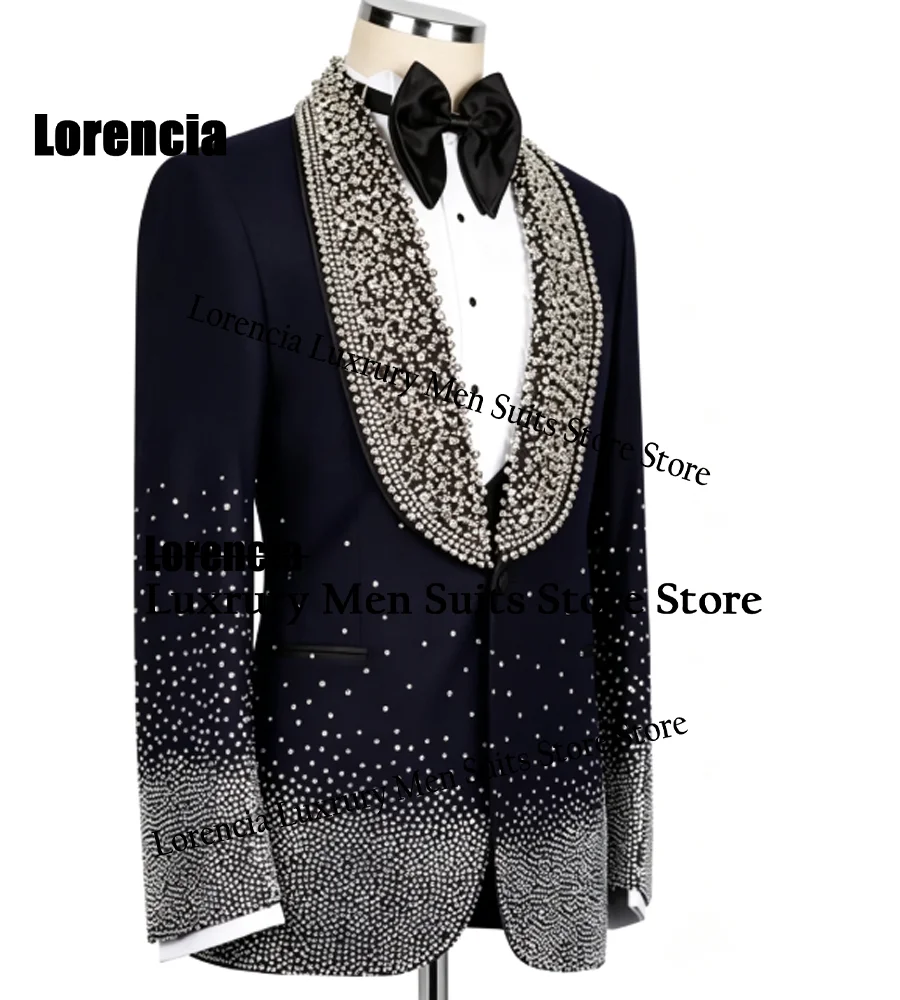 Customized Diamond Beading Men suit Formal Sequin Gem For Prom Groom Male Evening Party Fashion Blazer 3 Pieces Set Tuxedos Slim
