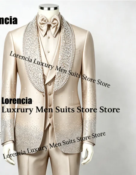 Customized Diamond Beading Men suit Formal Sequin Gem For Prom Groom Male Evening Party Fashion Blazer 3 Pieces Set Tuxedos Slim