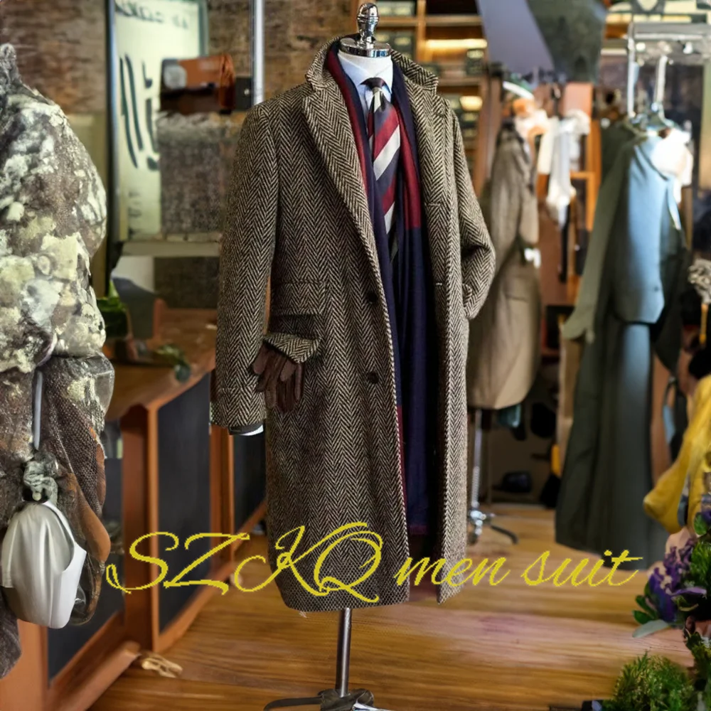 2024 New Men's Long Blazer Herringbone Wool Jacket Winter Warm Clothes Business Work Clothes XS-5XL