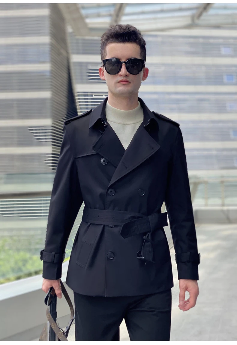 Cotton short trench coat for men British fashion double breasted khaki color for men thickened down jacket pure cotton short