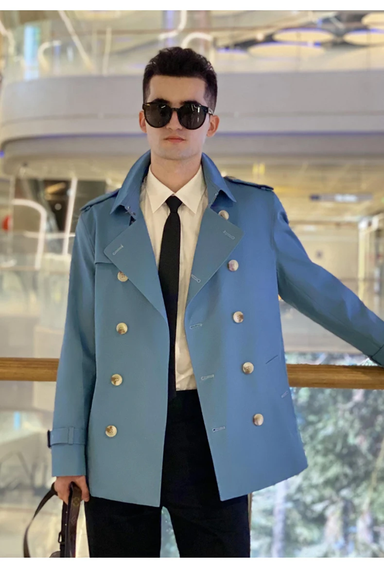 Cotton short trench coat for men British fashion double breasted khaki color for men thickened down jacket pure cotton short