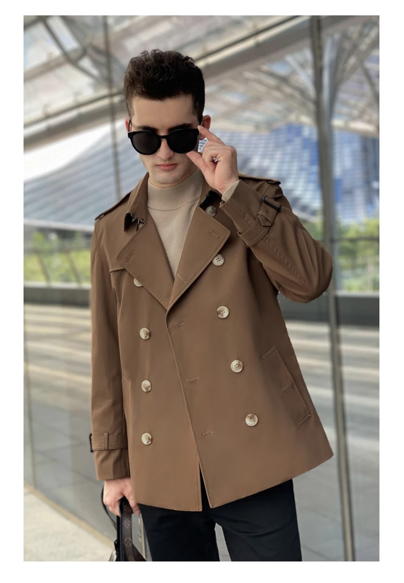 Cotton short trench coat for men British fashion double breasted khaki color for men thickened down jacket pure cotton short