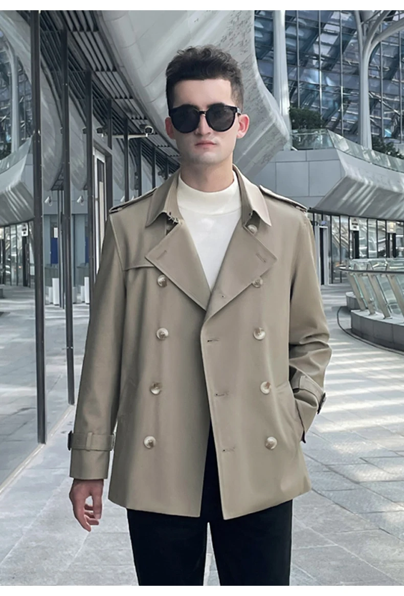 Cotton short trench coat for men British fashion double breasted khaki color for men thickened down jacket pure cotton short