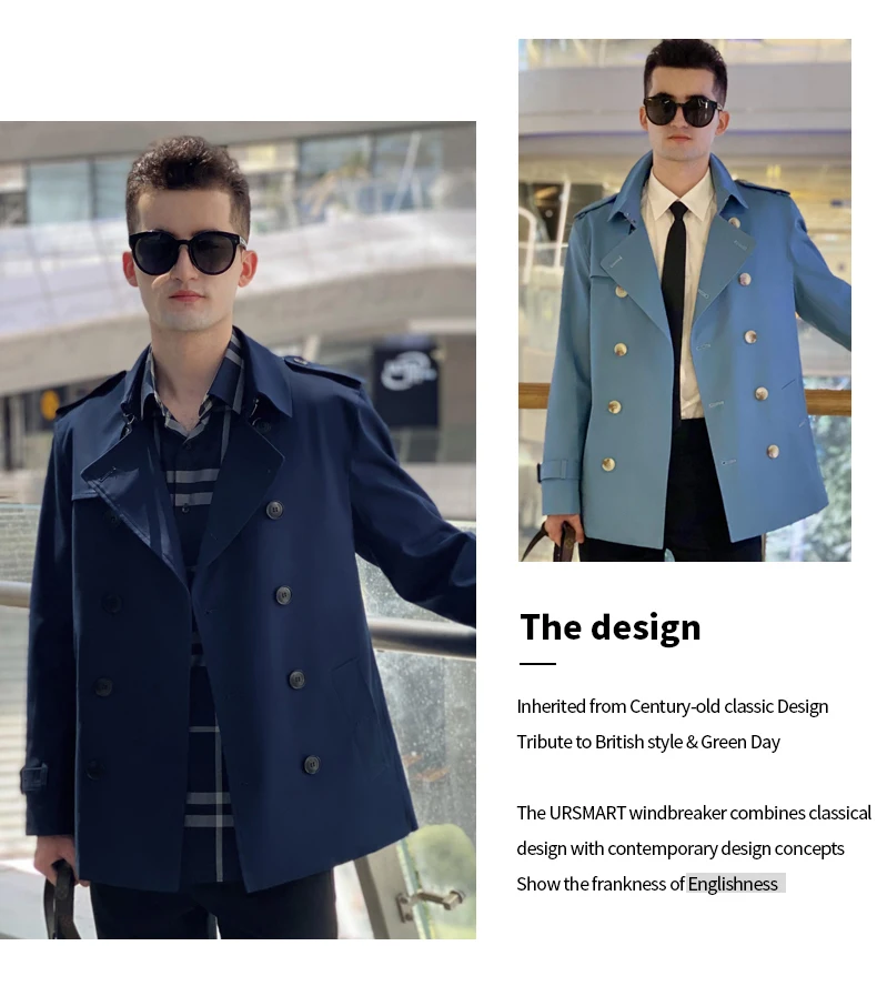 Cotton short trench coat for men British fashion double breasted khaki color for men thickened down jacket pure cotton short