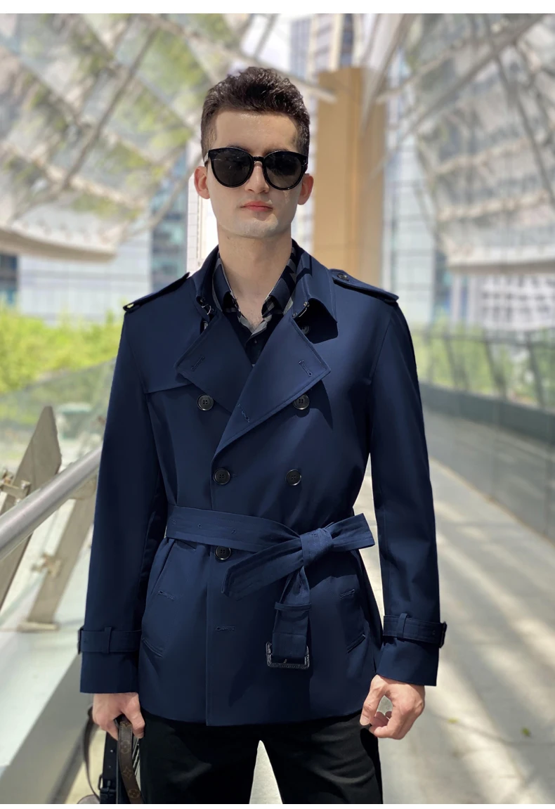 Cotton short trench coat for men British fashion double breasted khaki color for men thickened down jacket pure cotton short