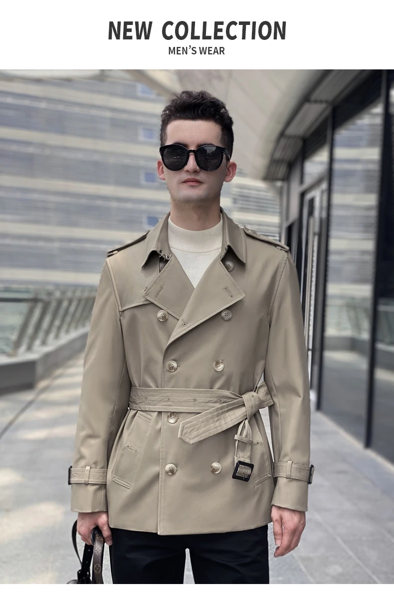 Cotton short trench coat for men British fashion double breasted khaki color for men thickened down jacket pure cotton short