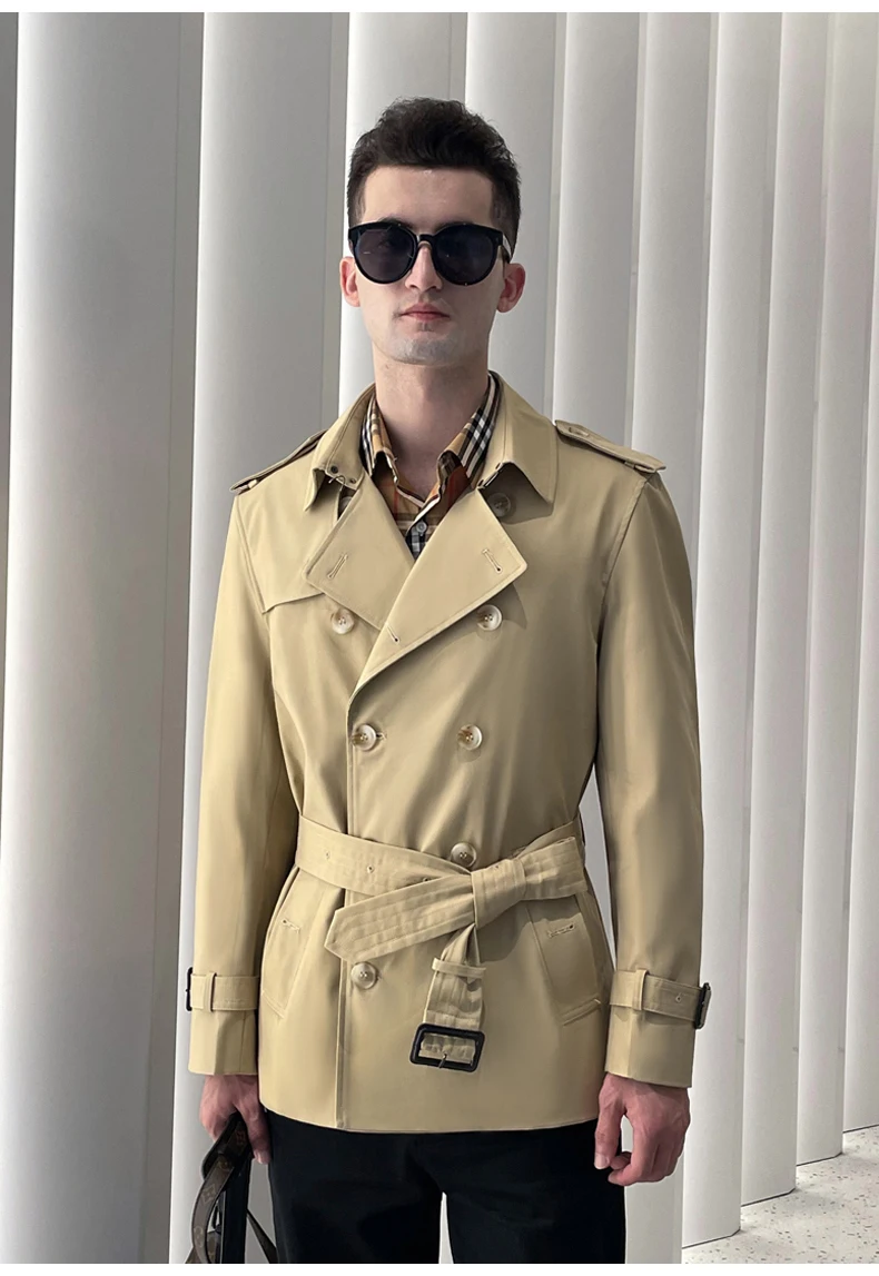 Cotton short trench coat for men British fashion double breasted khaki color for men thickened down jacket pure cotton short