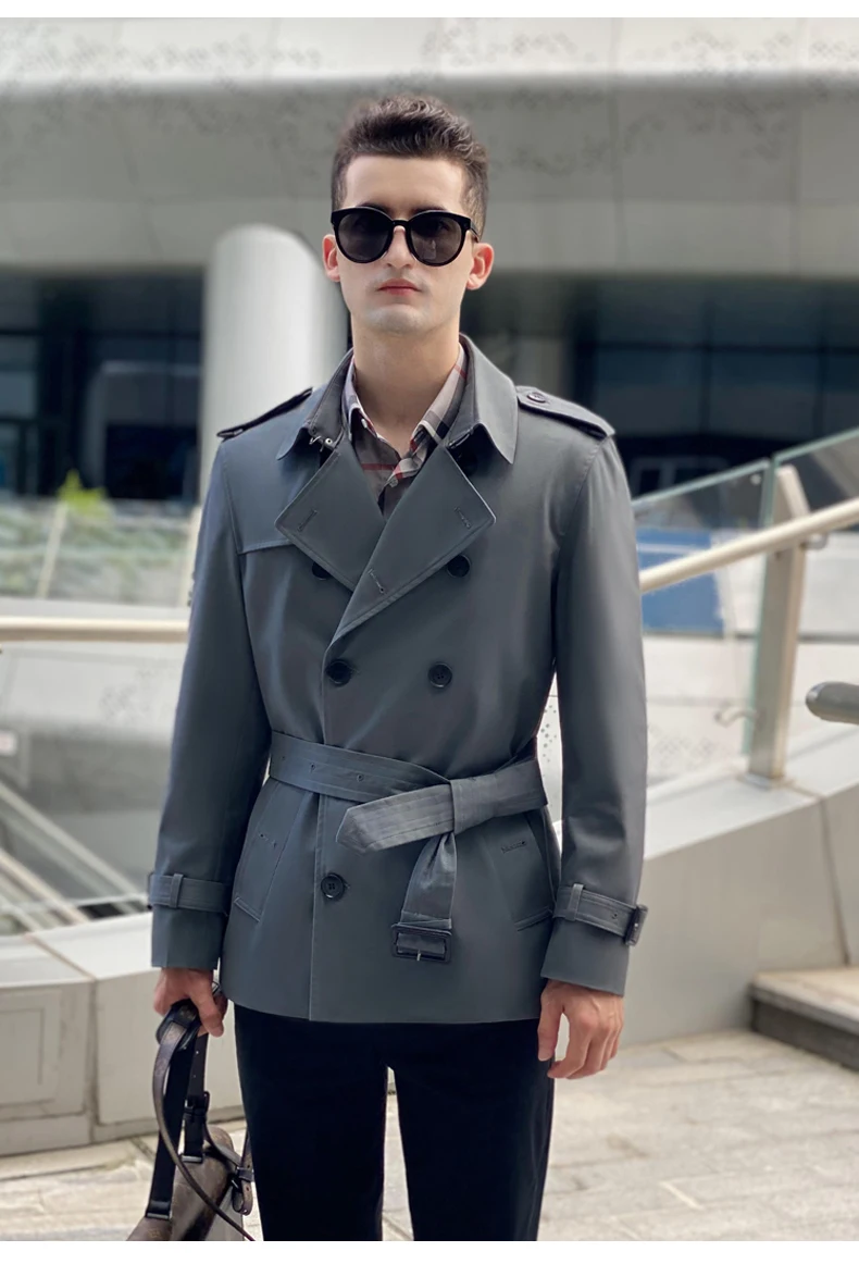 Cotton short trench coat for men British fashion double breasted khaki color for men thickened down jacket pure cotton short