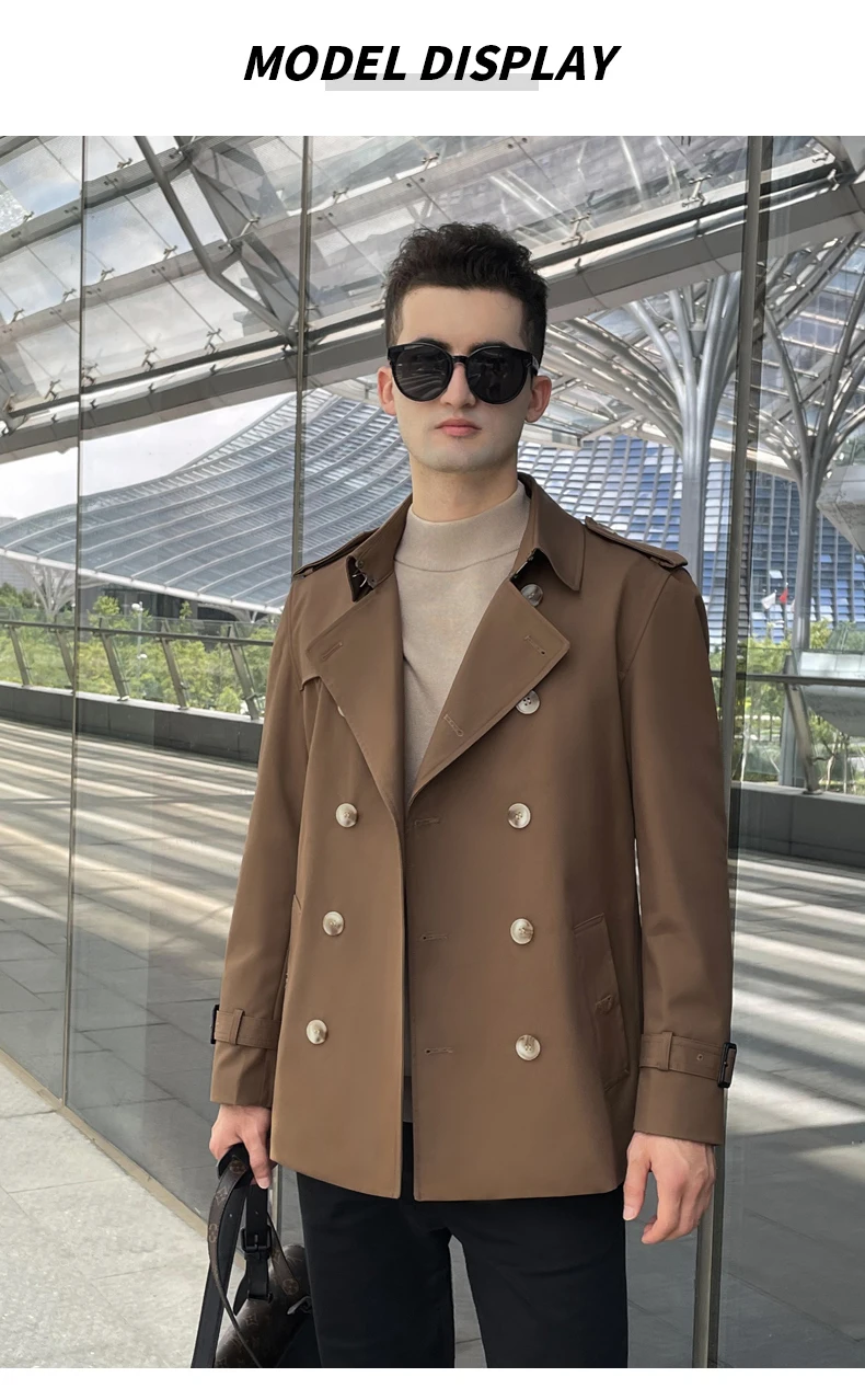 Cotton short trench coat for men British fashion double breasted khaki color for men thickened down jacket pure cotton short