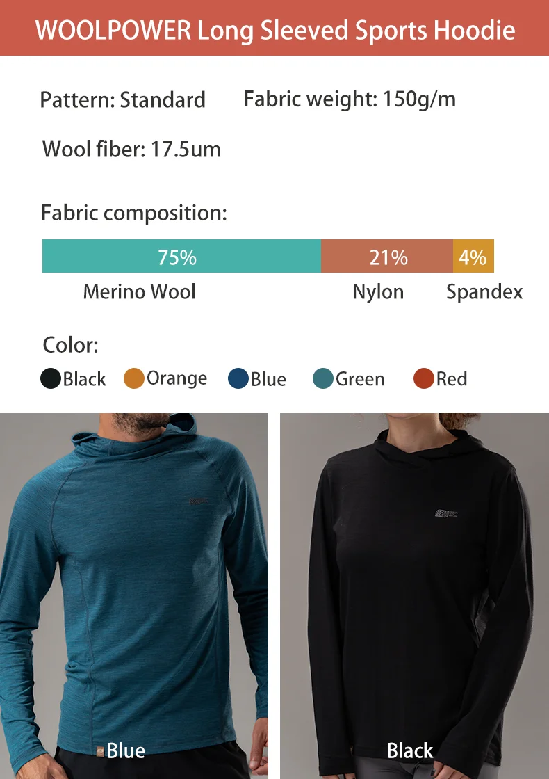 ZEALWOOD 17.5μm Merino Wool Hoodie Shirt Men's Women’s Lightweight Breathable Comfortable Base Layer Anti-Odor Wicking Quick Dry