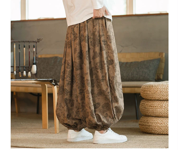 High Quality Pants For Men Chinese Style Dark Flower Corduroy Casual Bloomers Elastic Waist Fashion Loose Wide Leg Trousers Male