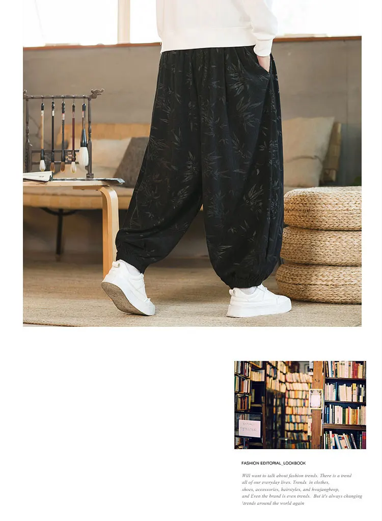 High Quality Pants For Men Chinese Style Dark Flower Corduroy Casual Bloomers Elastic Waist Fashion Loose Wide Leg Trousers Male