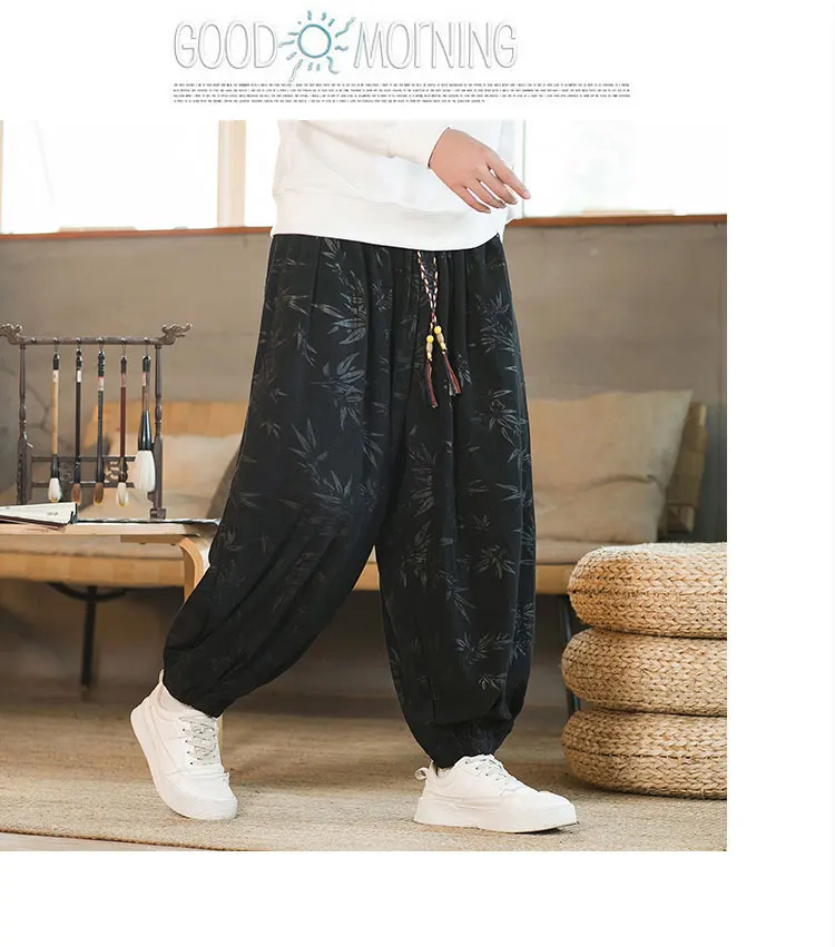 High Quality Pants For Men Chinese Style Dark Flower Corduroy Casual Bloomers Elastic Waist Fashion Loose Wide Leg Trousers Male