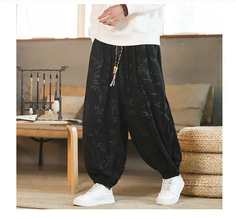 High Quality Pants For Men Chinese Style Dark Flower Corduroy Casual Bloomers Elastic Waist Fashion Loose Wide Leg Trousers Male